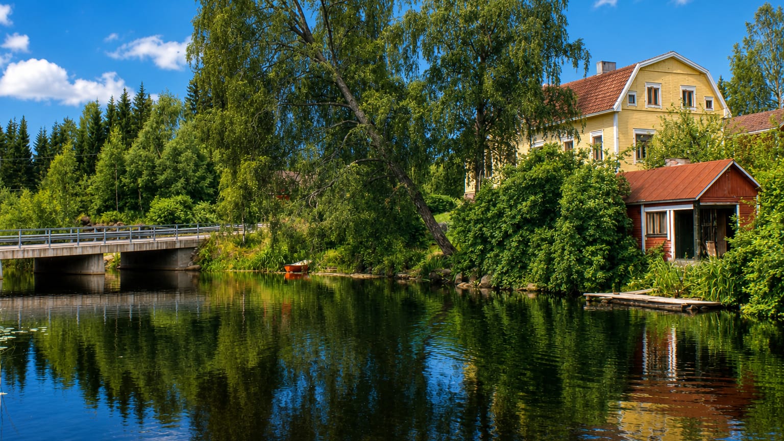 Calm river reflecting a yellow wooden house, red cabin and birch trees beside a road bridge in Luumäki, Finland.