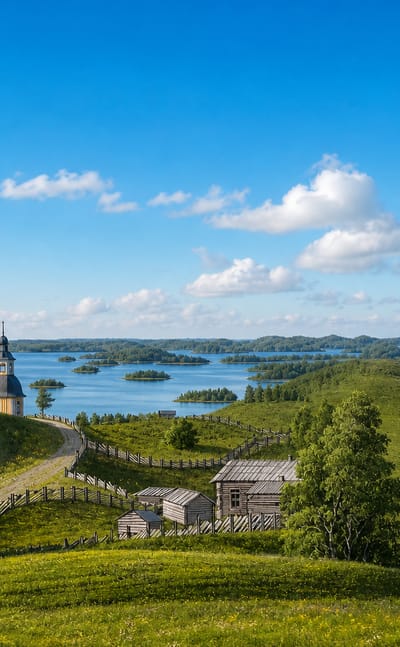 Wooden church and log barns on a grassy hilltop above Savitaipale's island-dotted lakeland under a blue summer sky.