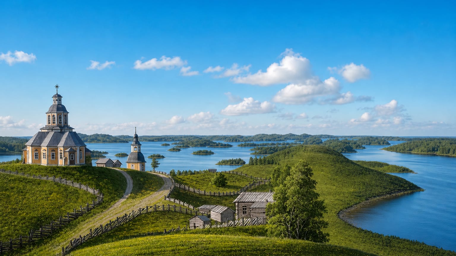 Wooden church and log barns on a grassy hilltop above Savitaipale's island-dotted lakeland under a blue summer sky.
