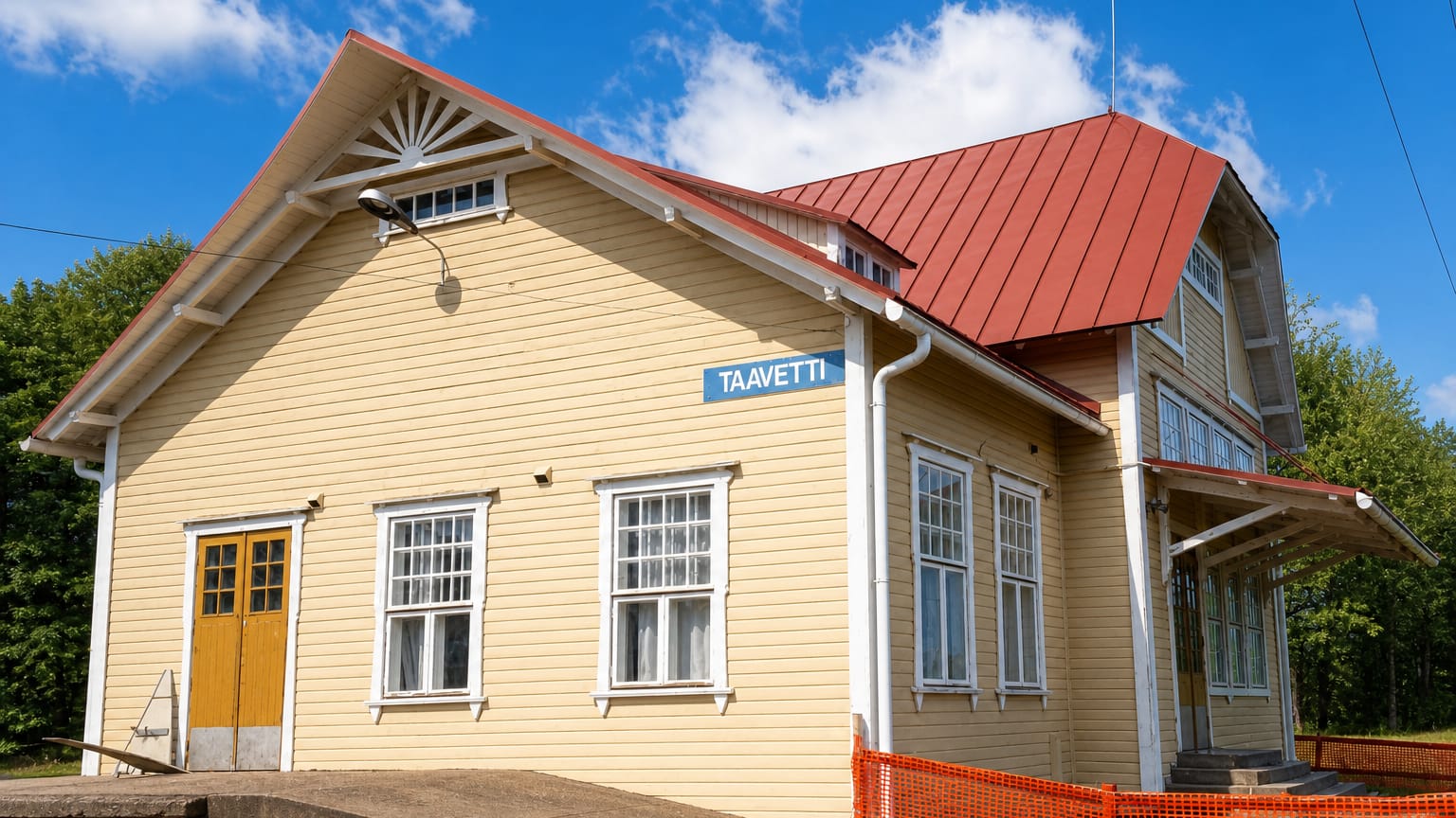 Taavetti's yellow wooden railway station with a red roof and its clear TAAVETTI nameboard.