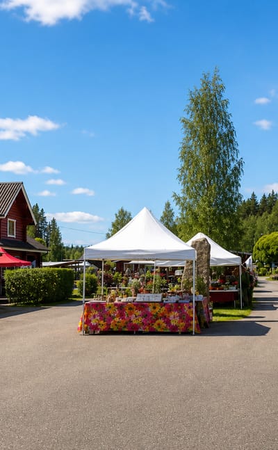 Market stalls and red timber buildings among birch and pine at Ylämaa's gemstone village in South Karelia.