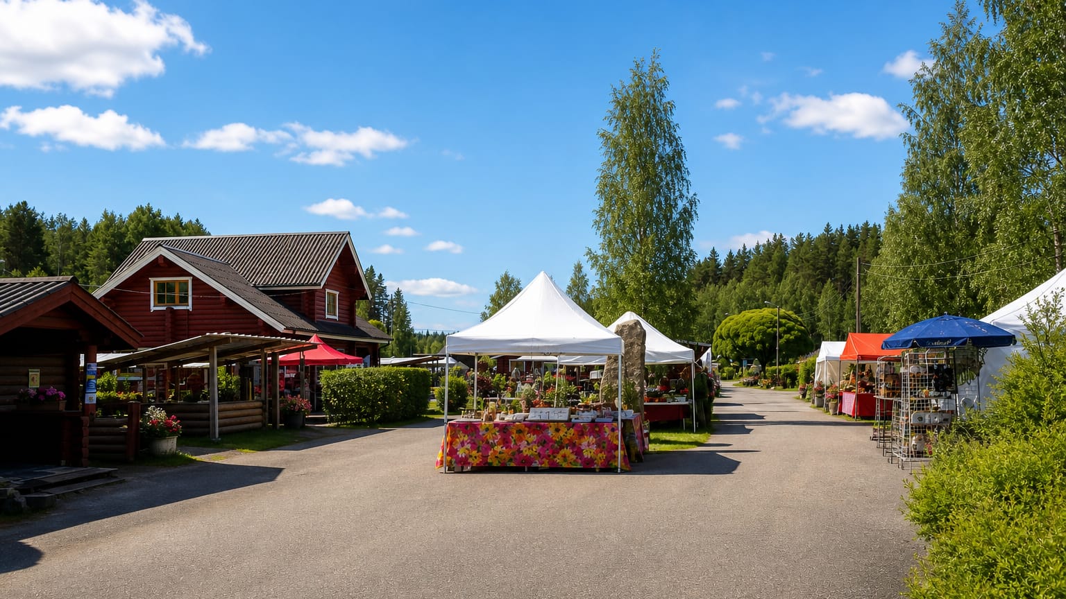 Market stalls and red timber buildings among birch and pine at Ylämaa's gemstone village in South Karelia.