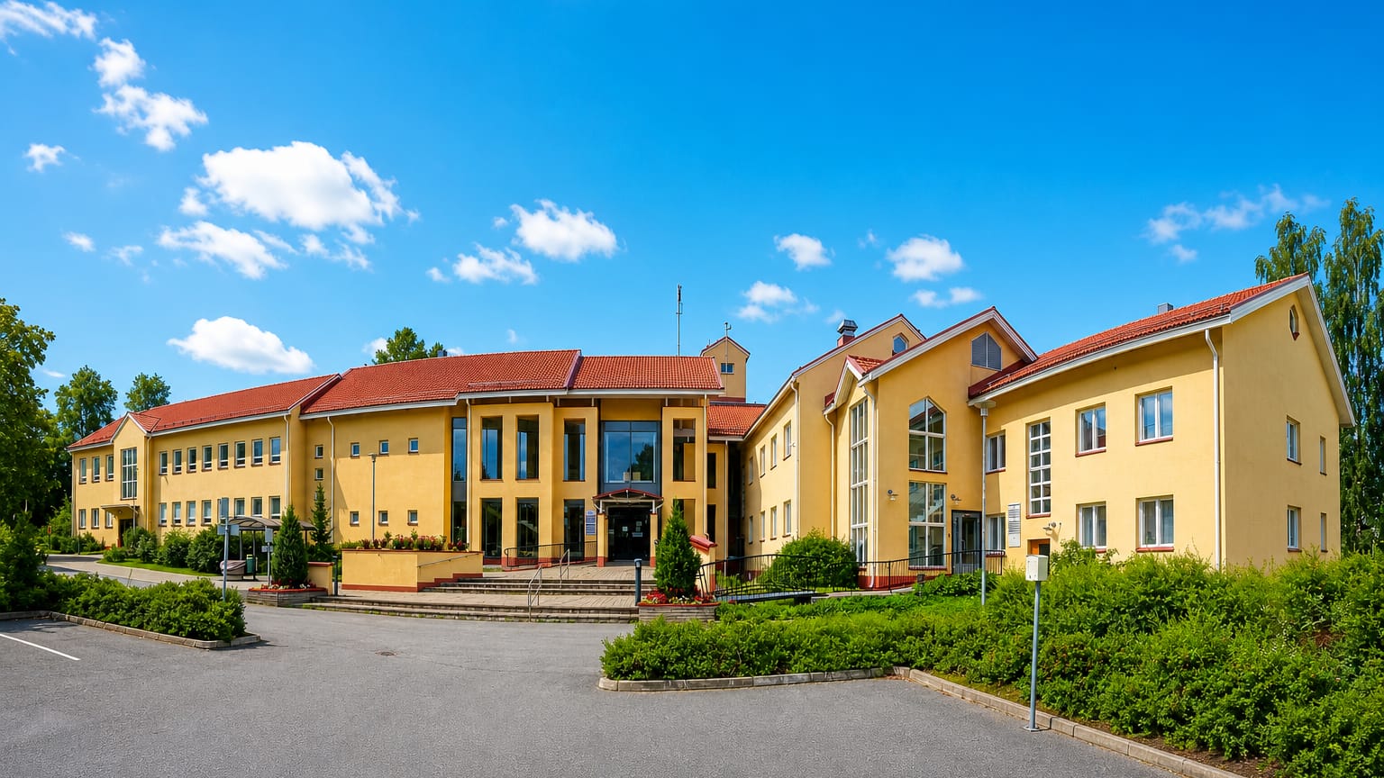 A yellow municipal building with a red-tiled roof and forecourt in Ahtari, Finland, under a blue sky.