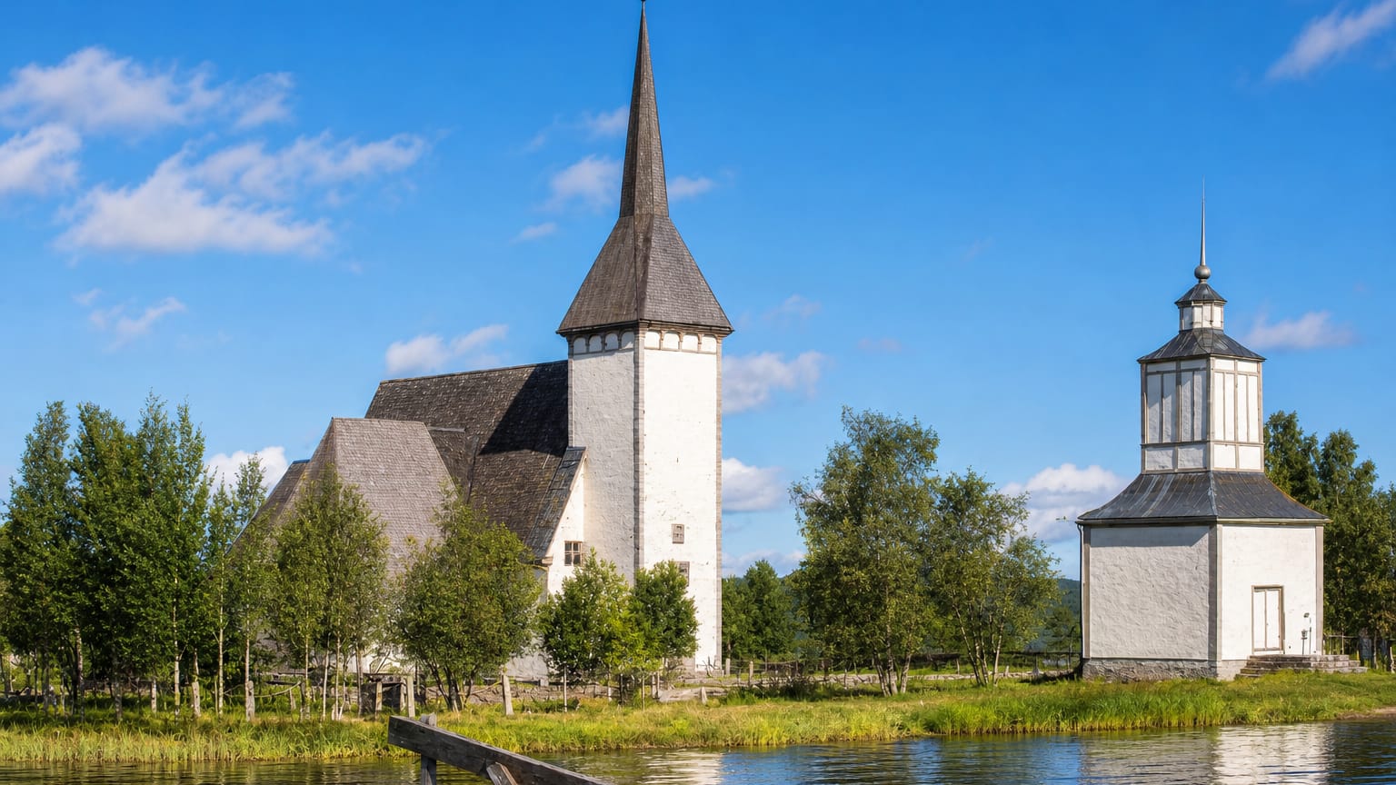 White stone church with a tall dark spire and separate bell tower beside a lake among birches in Alahärmä, Finland.
