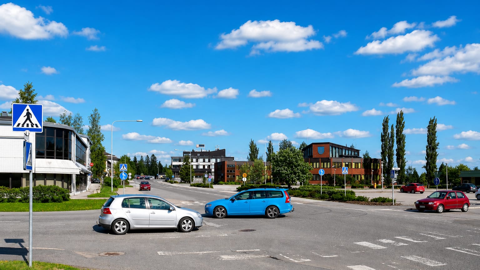 Town-centre intersection with parked cars and a red-brick civic building in Alavus, Finland.