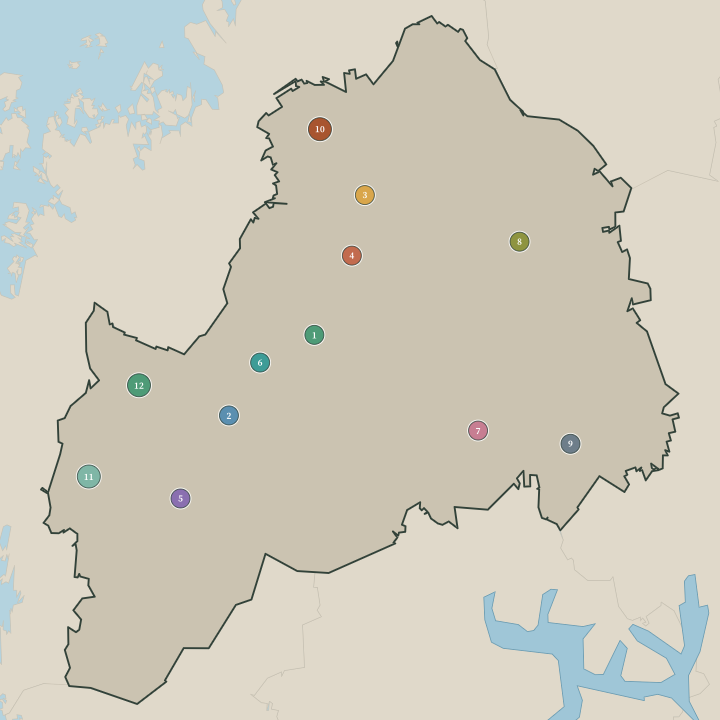 Map of South Ostrobothnia showing its numbered towns and cities