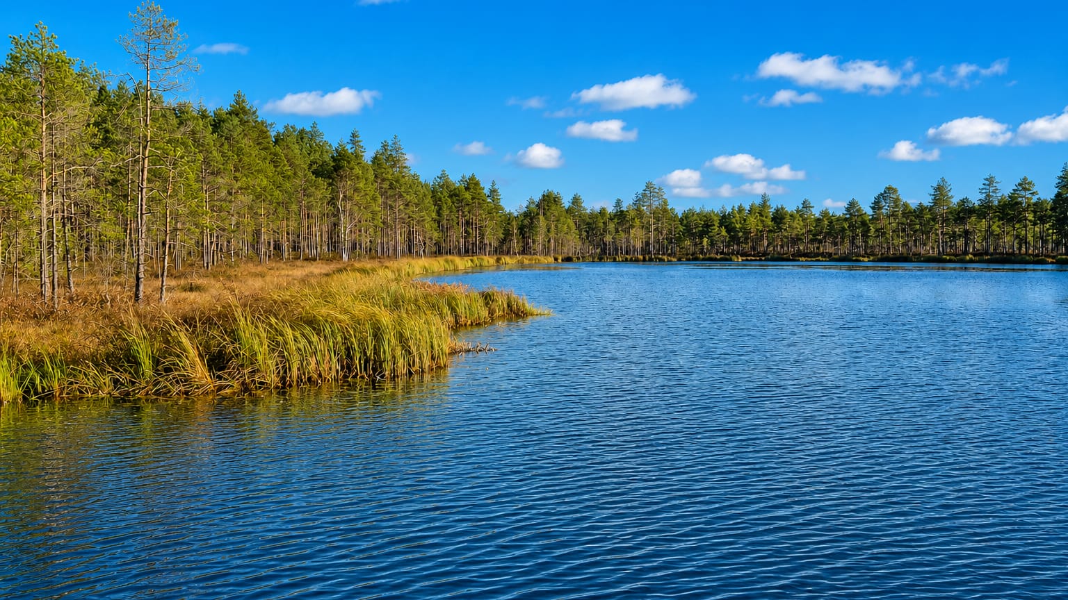 Calm blue lake edged by golden reeds and boreal pine forest under a bright sky in Evijärvi, Finland.