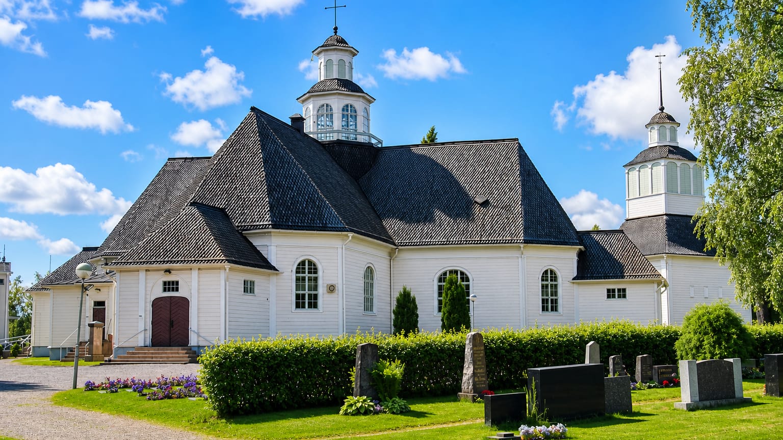 White wooden church with shingle roof and lantern tower beside its graveyard in Ilmajoki, Finland.