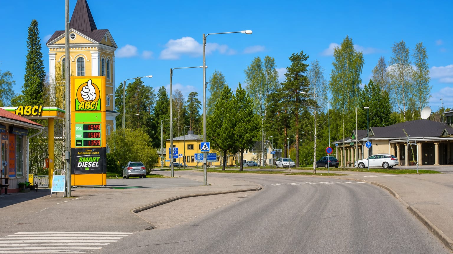 A quiet town street with an ABC service station and a church tower in Isojoki, Finland.