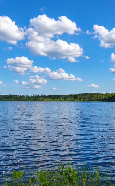 Calm forest-rimmed lake under a bright blue summer sky with scattered clouds near Jurva, Finland.