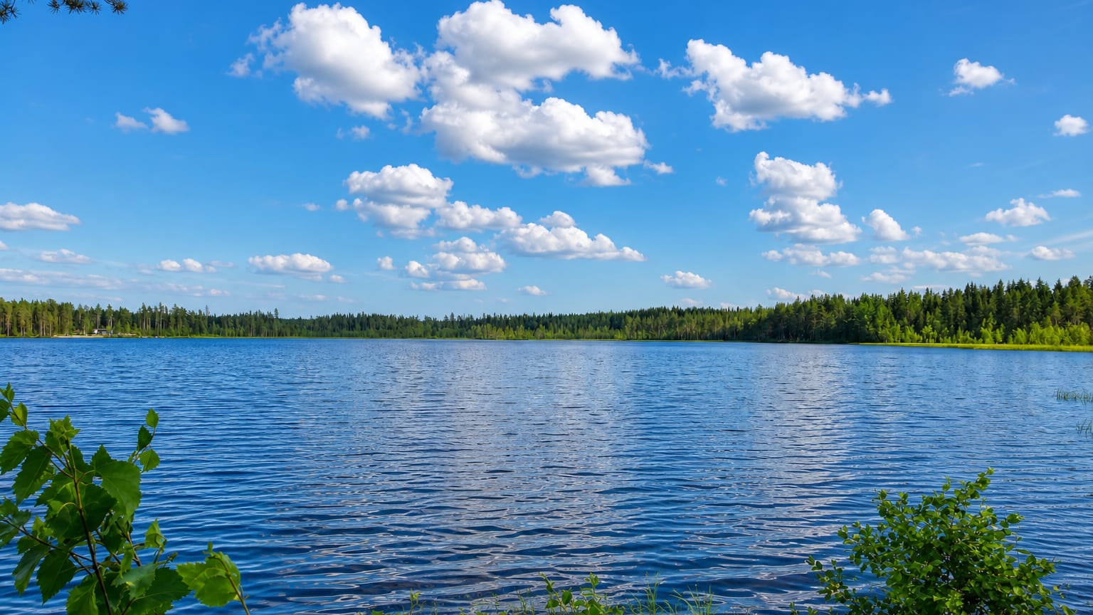 Calm forest-rimmed lake under a bright blue summer sky with scattered clouds near Jurva, Finland.