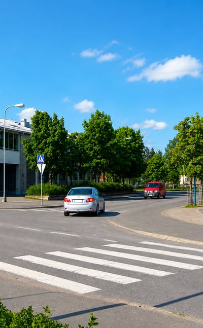 Street corner in Lappajärvi, Finland with a modern glass-fronted building and a marked pedestrian crossing.