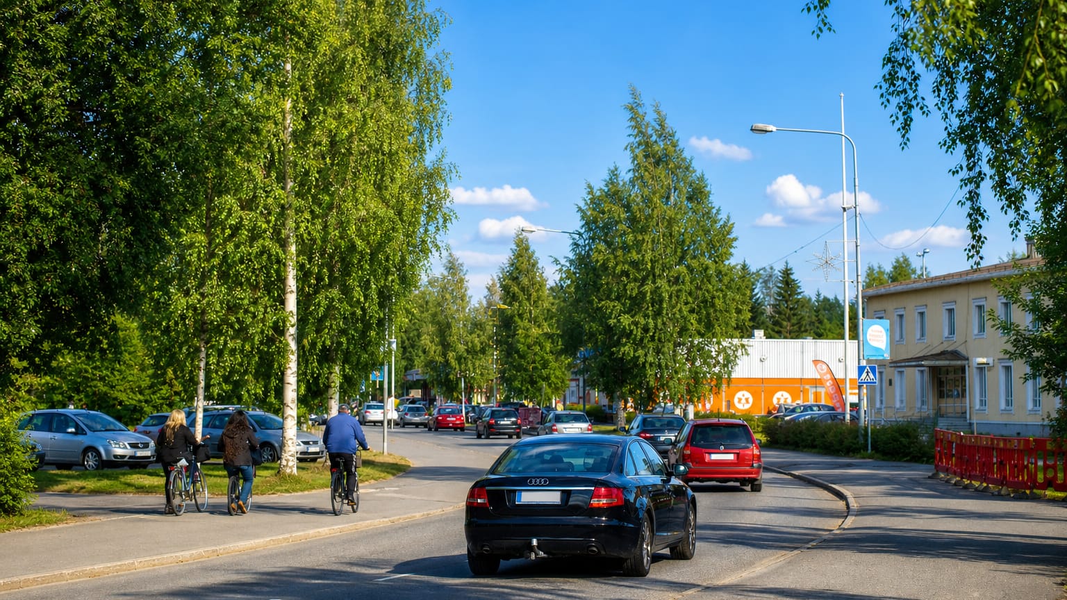 Tree-lined main street with cyclists, parked cars and a supermarket in Vimpeli, Finland.