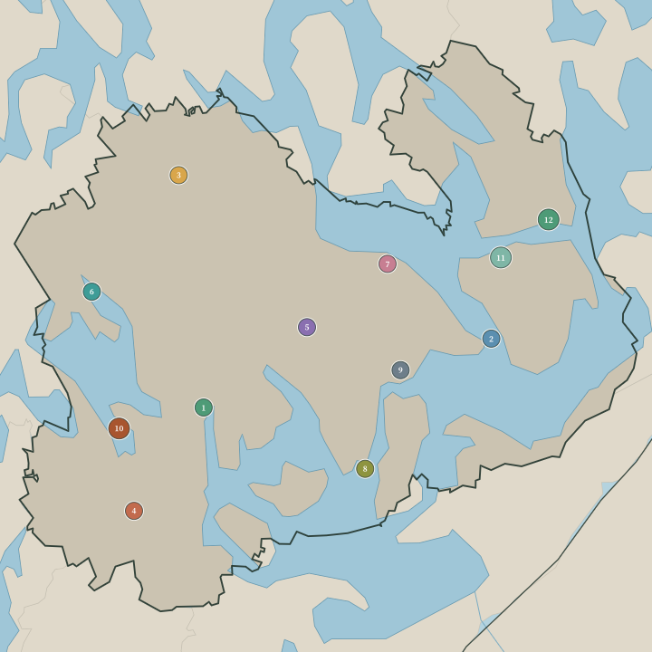 Map of Southern Savonia showing its numbered towns and cities