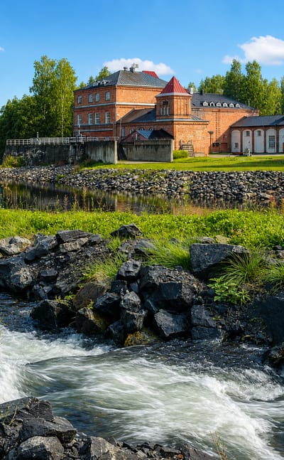 Rapids tumbling over rocks past a historic red-brick building beside a calm river in Hirvensalmi, Finland