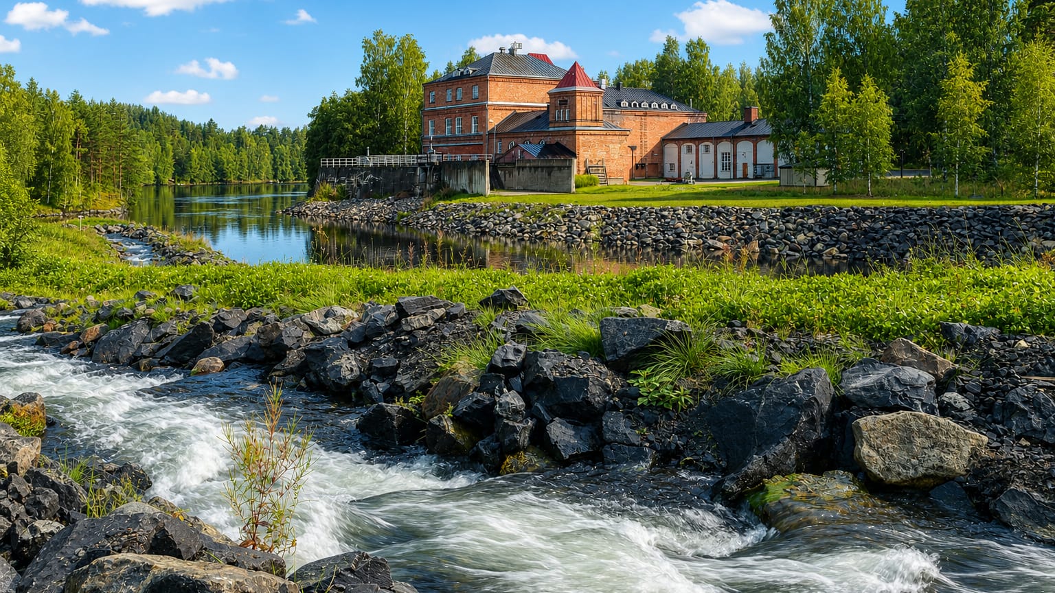 Rapids tumbling over rocks past a historic red-brick building beside a calm river in Hirvensalmi, Finland