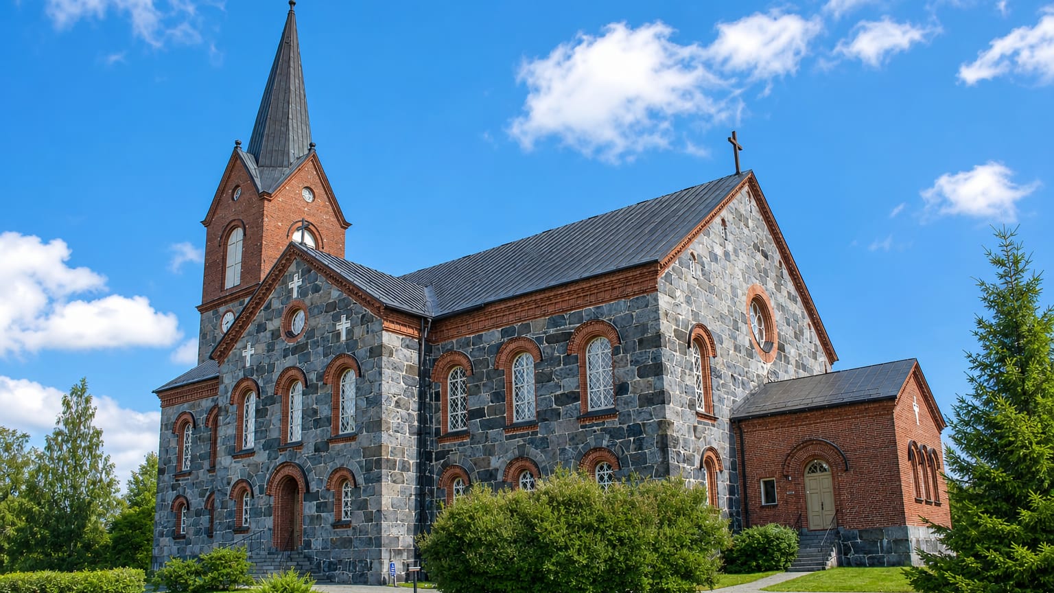 Juva's grey fieldstone church with red-brick trim and a slender spire under a bright blue sky.