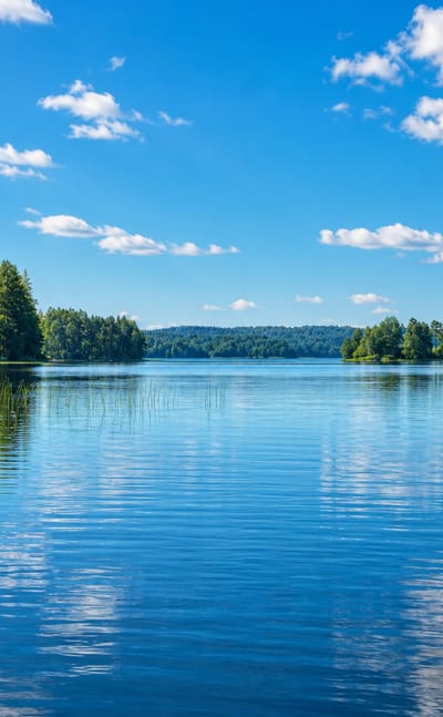 A calm blue lake fringed by green forest under a partly cloudy summer sky at Mäntyharju, Finland.