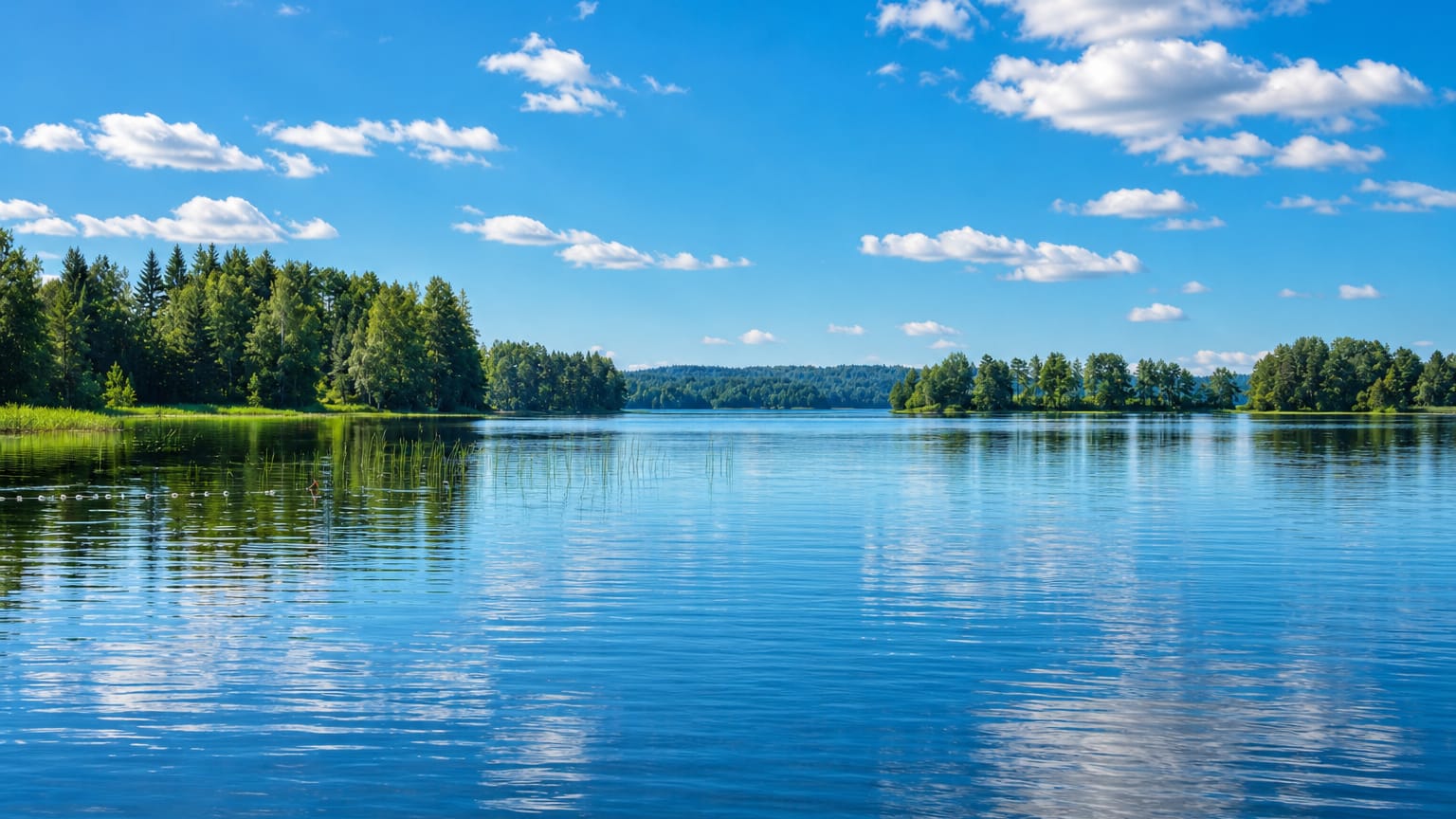 A calm blue lake fringed by green forest under a partly cloudy summer sky at Mäntyharju, Finland.