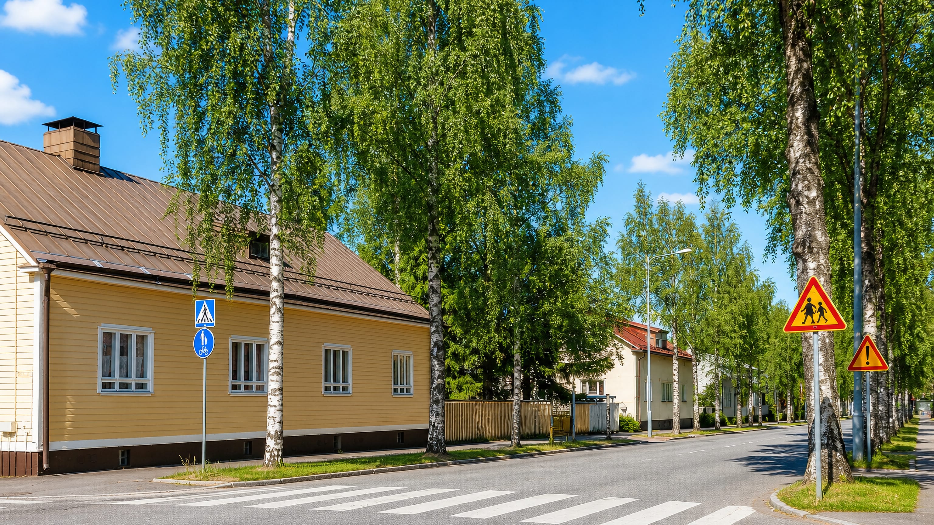 Yellow wooden house and birch-lined street with a crossing in Nuijamies, Mikkeli, in summer.