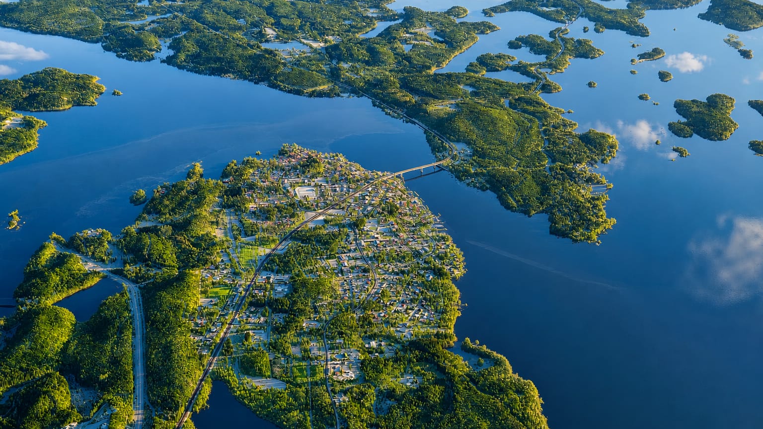 Aerial view of Puumala village on a forested peninsula amid Lake Saimaa's islands in Finland, a bridge crossing the strait.
