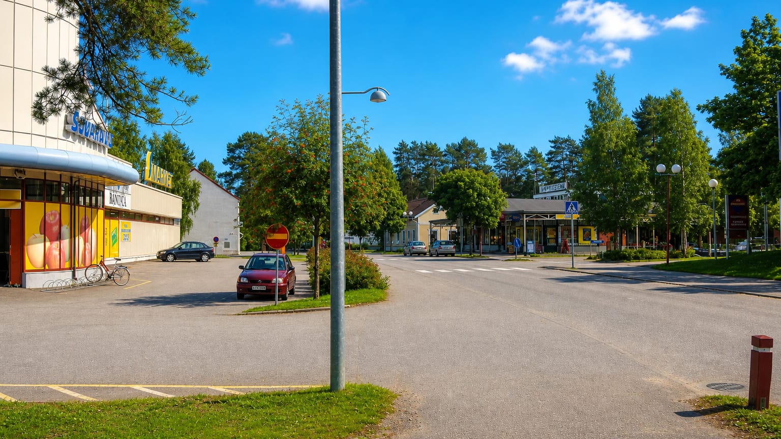 Small-town grocery store and quiet street corner in Rantasalmi, Finland on a summer day.