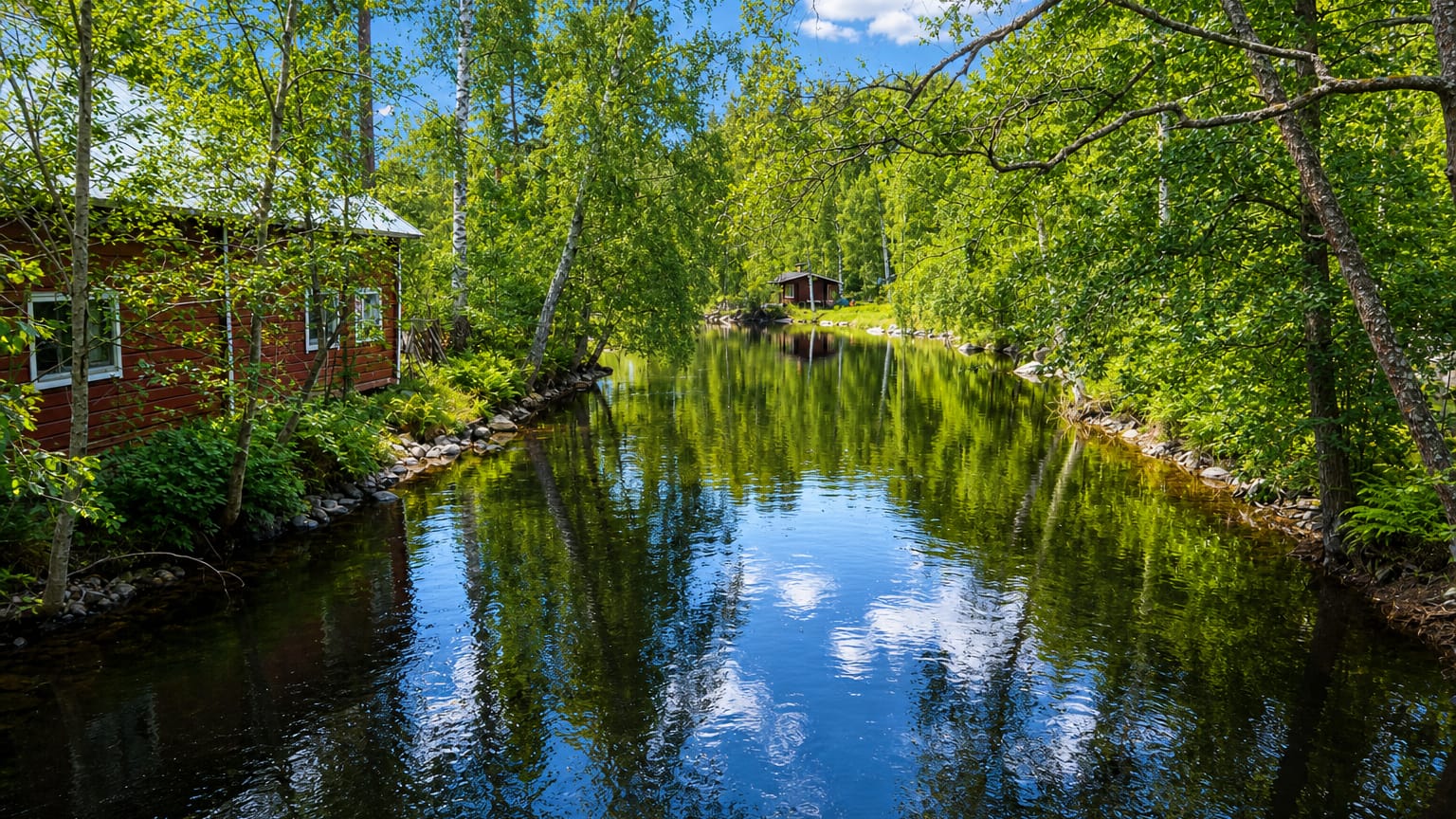 Calm river lined with birch forest and a red wooden cottage on a summer day at Sulkava, Finland.