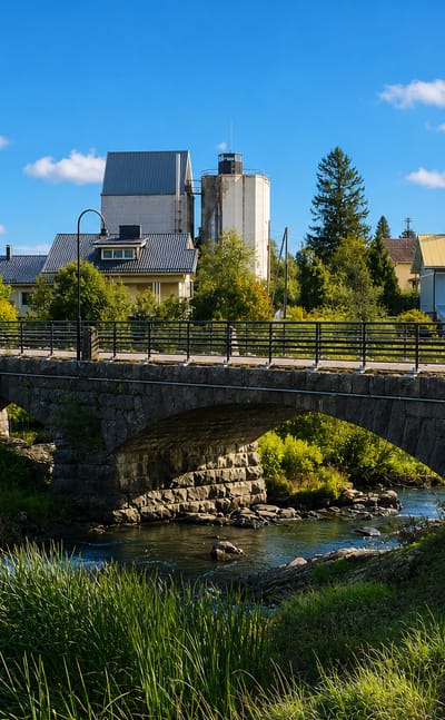Stone arch bridge over a stream in Askola, Finland, with riverside houses, a grain silo and trees under a blue sky