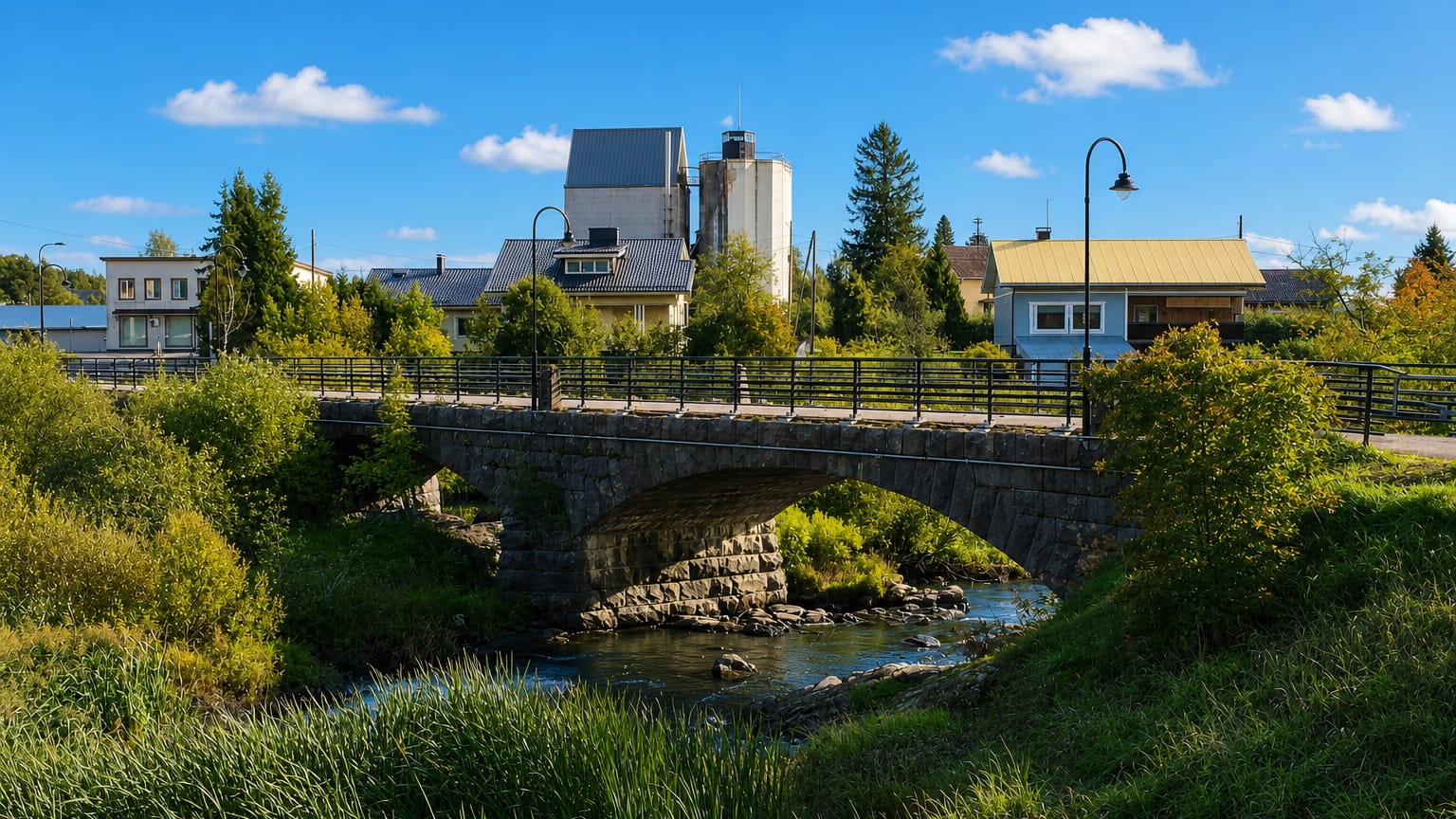 Stone arch bridge over a stream in Askola, Finland, with riverside houses, a grain silo and trees under a blue sky