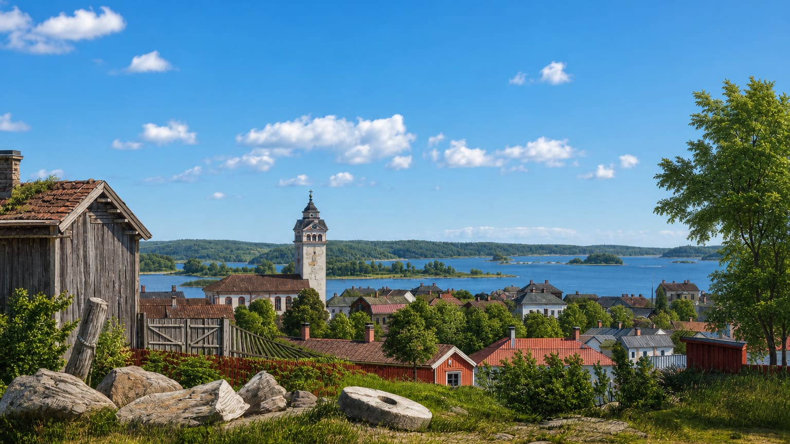 Ekenäs old town with its church spire rising above red-roofed wooden houses, the sea and archipelago beyond