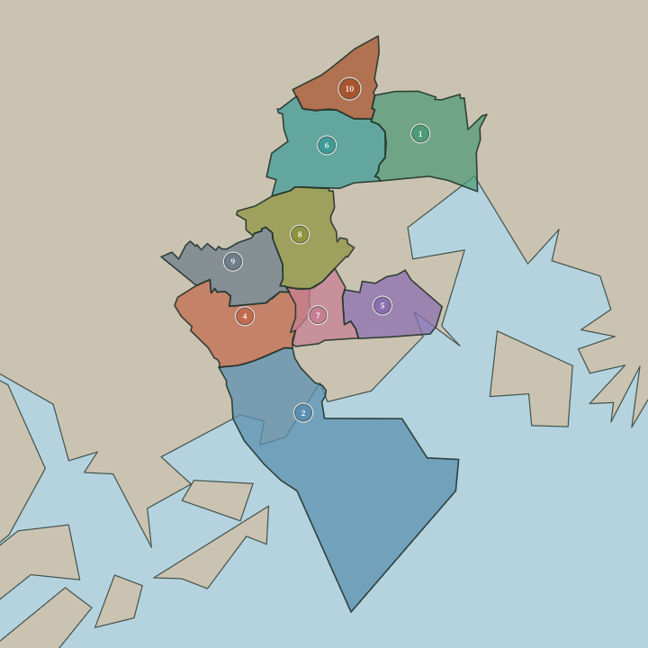 Map of Espoo showing its numbered neighbourhoods
