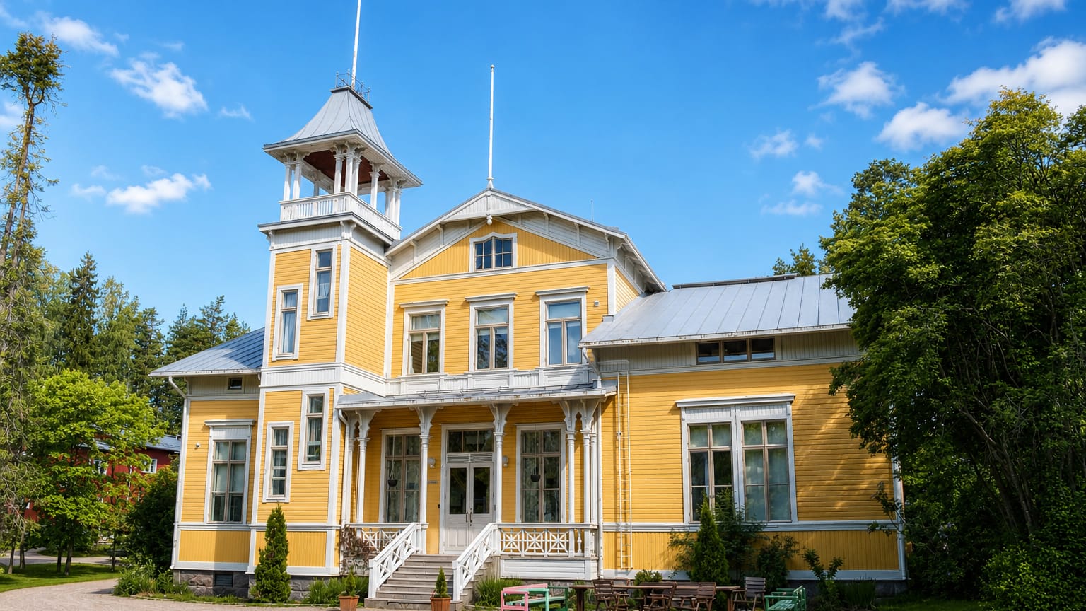 Yellow timber manor house with a white cupola tower and gravel forecourt at Espoonkartano, Espoo