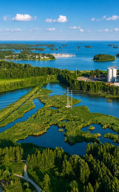 Aerial of Finnoo in Espoo: the Suomenoja wetland pond, power plant chimneys and a marina on the sea.