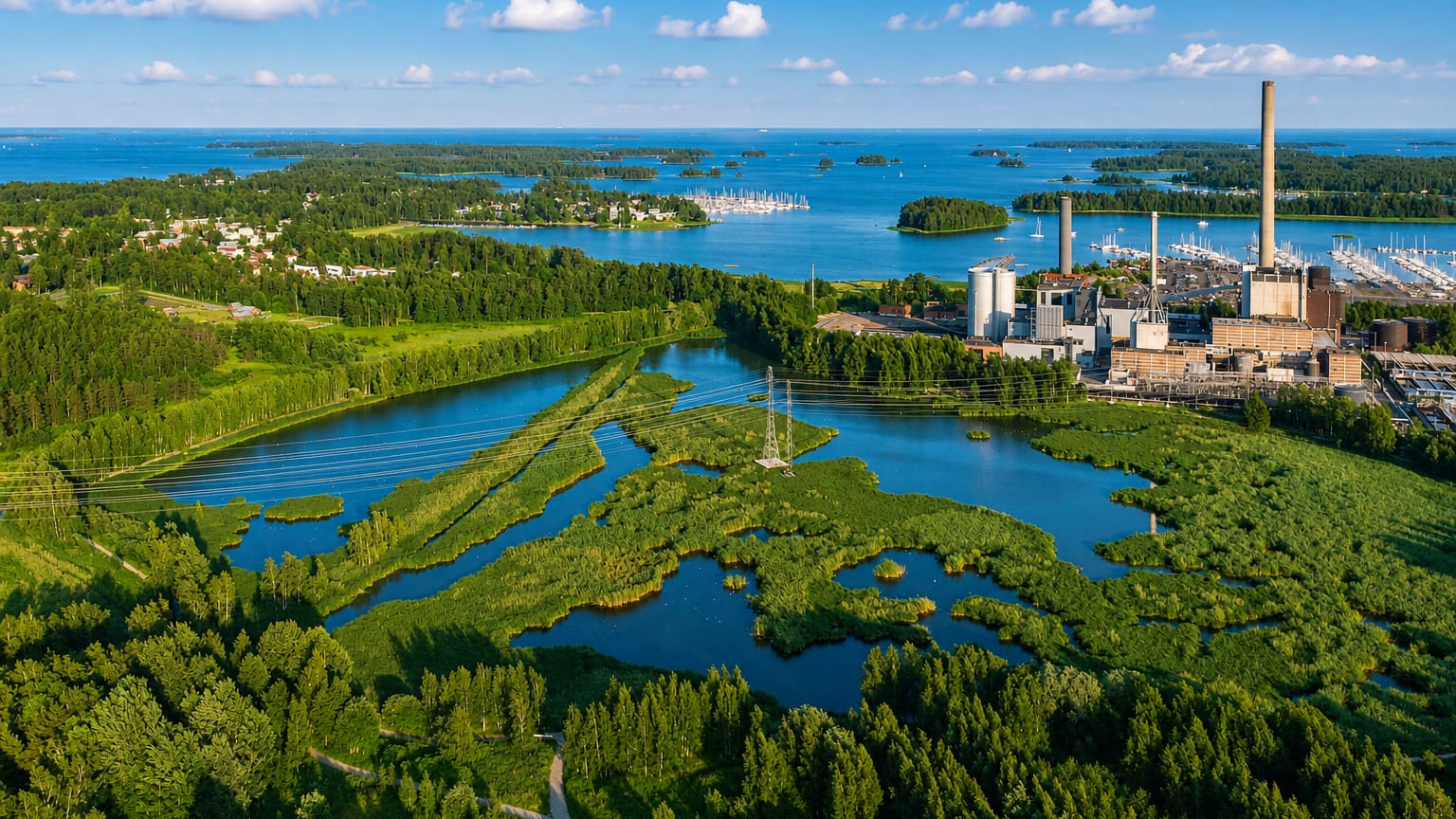 Aerial of Finnoo in Espoo: the Suomenoja wetland pond, power plant chimneys and a marina on the sea.