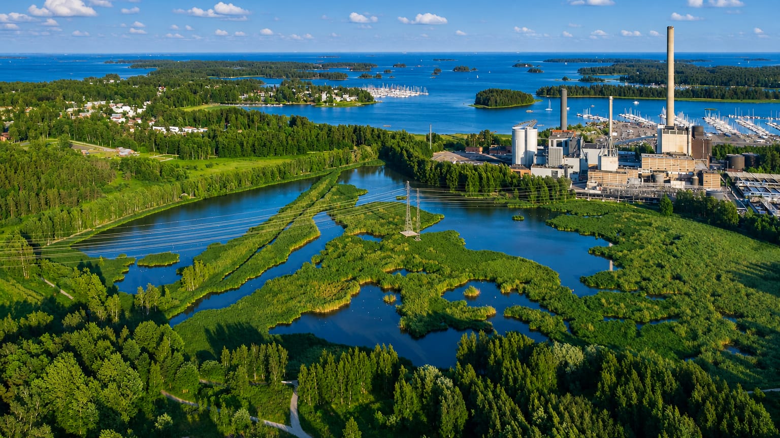 Aerial view of Espoo's green coastal wetlands, a marina and power-plant chimney beside the Gulf of Finland archipelago