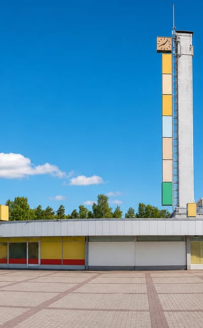 Modernist shopping centre and coloured clock tower on the paved square at Karakallio, Espoo.