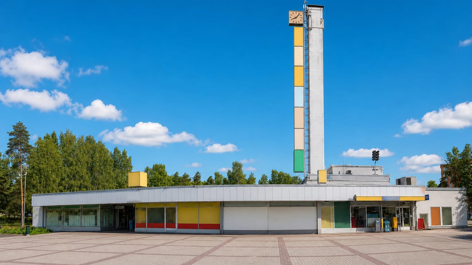Modernist shopping centre and coloured clock tower on the paved square at Karakallio, Espoo.