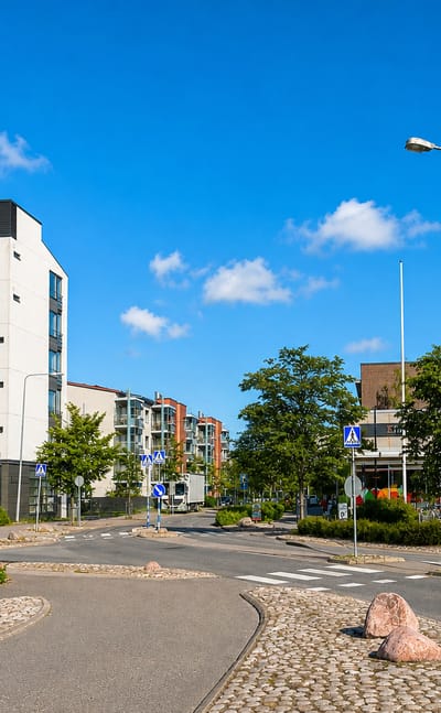 Modern apartment blocks and a landscaped road junction in the Kilo neighbourhood of Espoo.