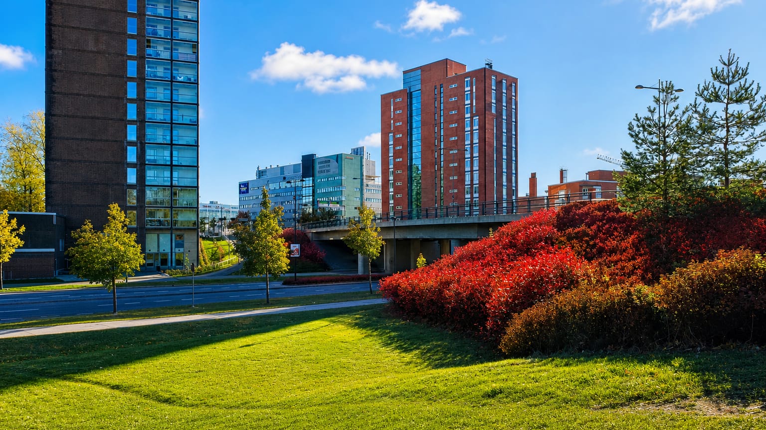 Residential high-rise towers and a road bridge framed by autumn-red shrubs and green lawns in Olari, Espoo, Finland.
