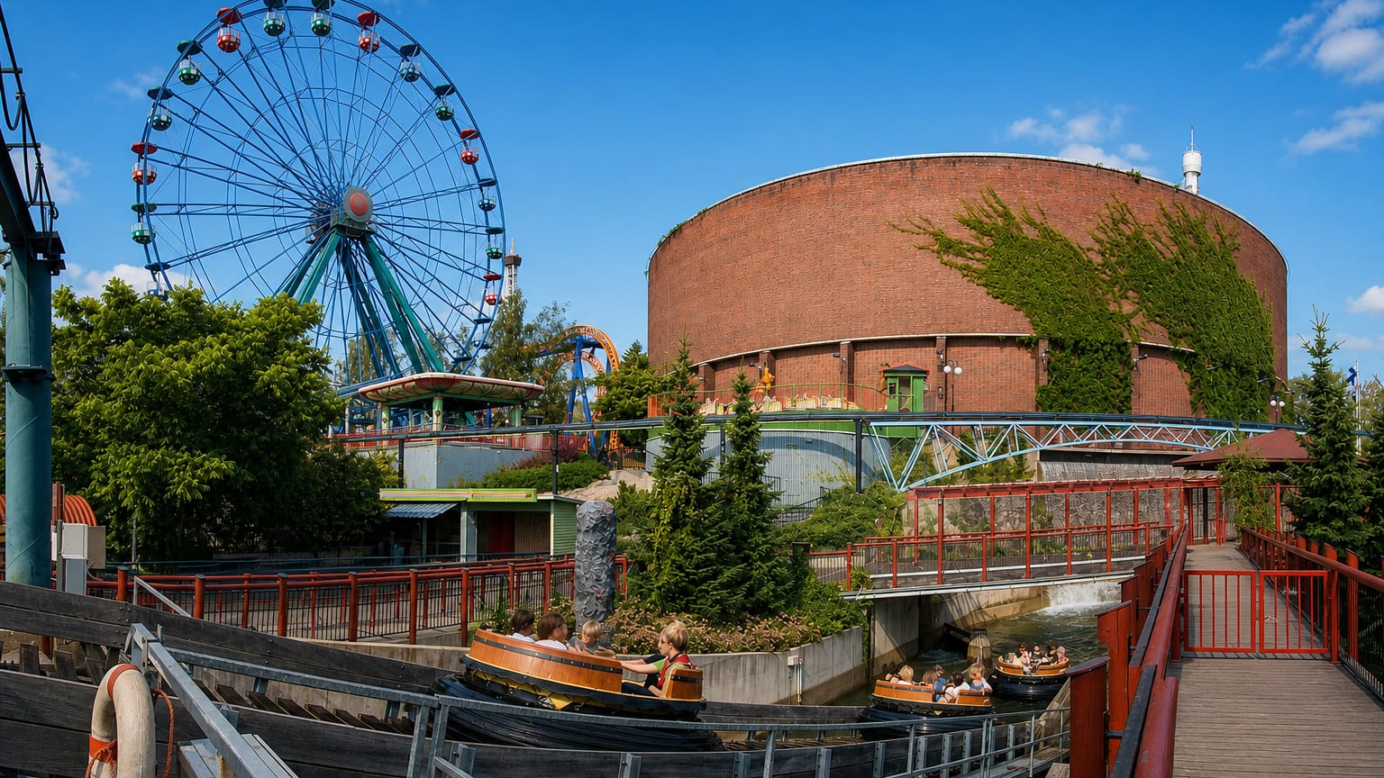 Ferris wheel and brick water tower of the Linnanmäki amusement park in Alppila, Helsinki.