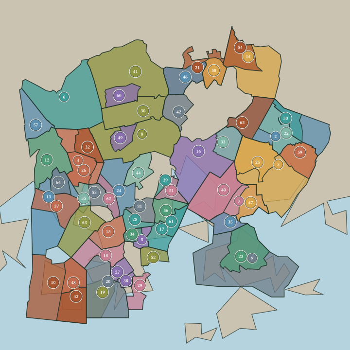 Map of Helsinki showing its numbered neighbourhoods