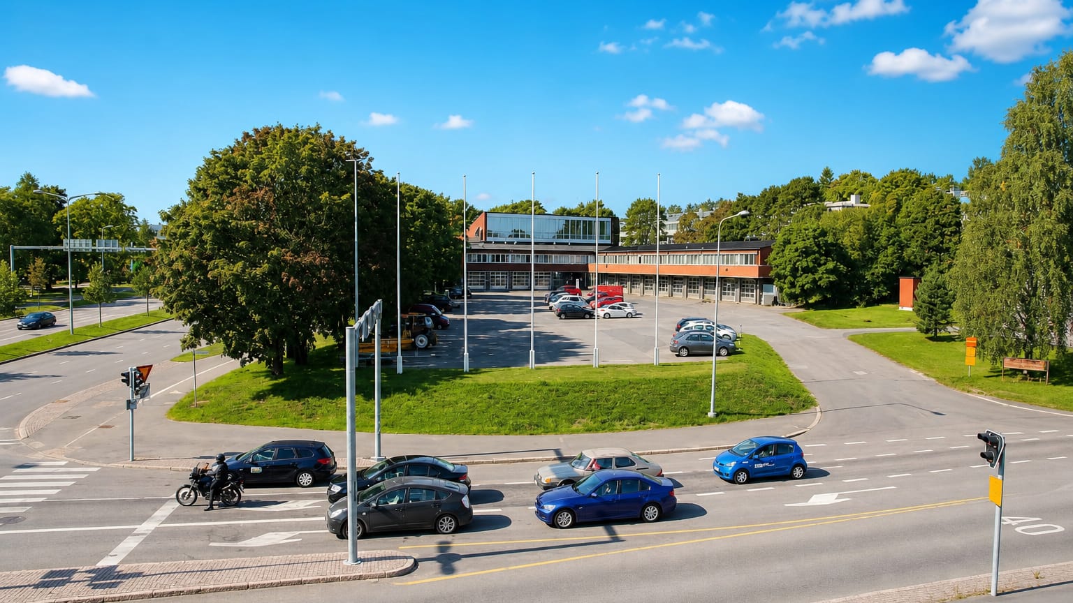 Road junction in Etelä-Haaga, Helsinki, with parked cars, flagpoles and a low brick commercial building