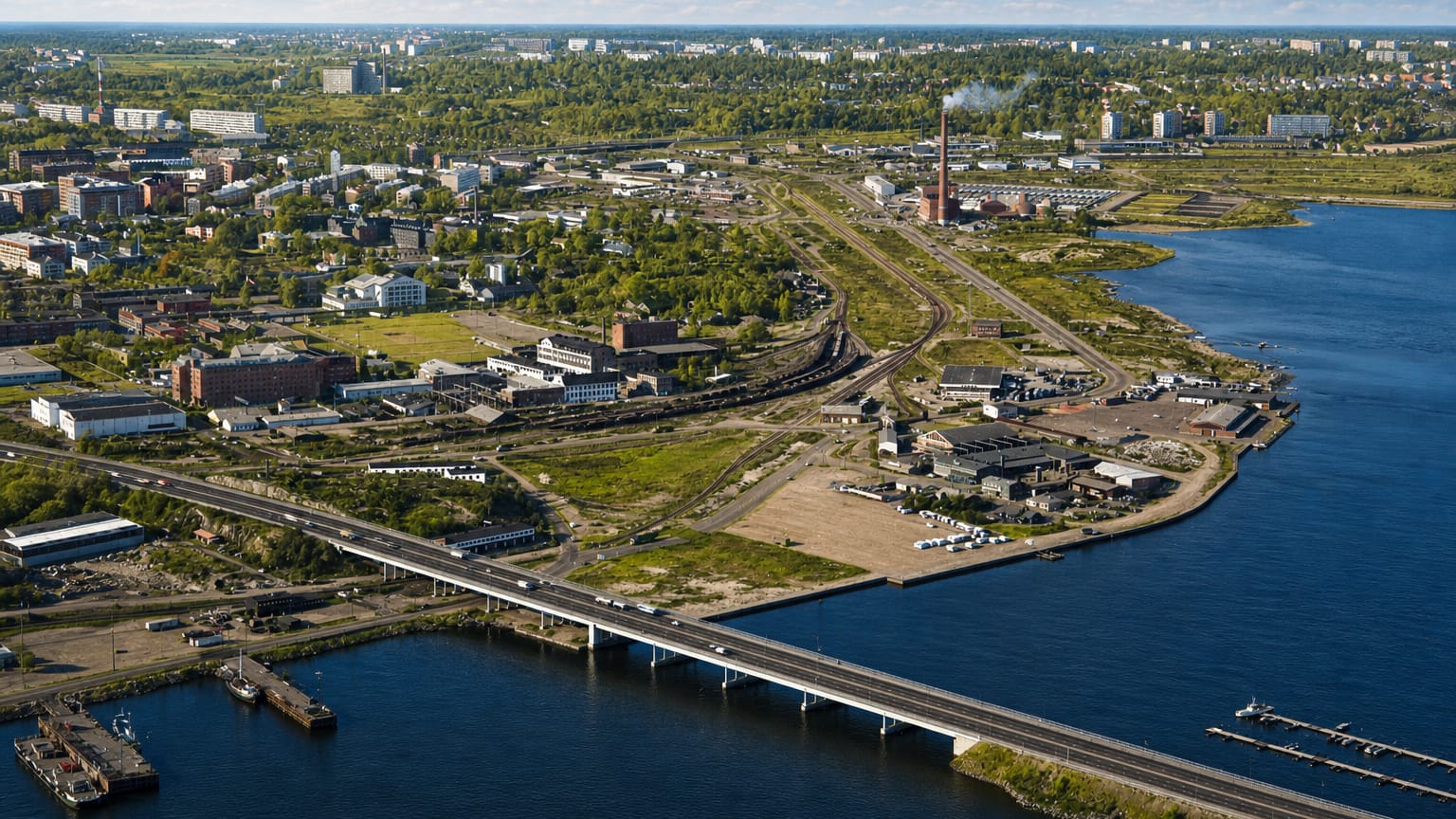 Aerial view of Hermanni, Helsinki, a coastal district with a road bridge over a bay, low-rise blocks and a tall chimney