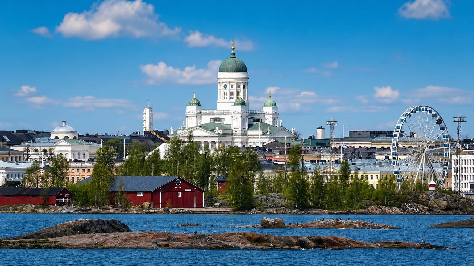 Helsinki Cathedral's green dome and the SkyWheel above the harbour with rocky islets and red boathouses