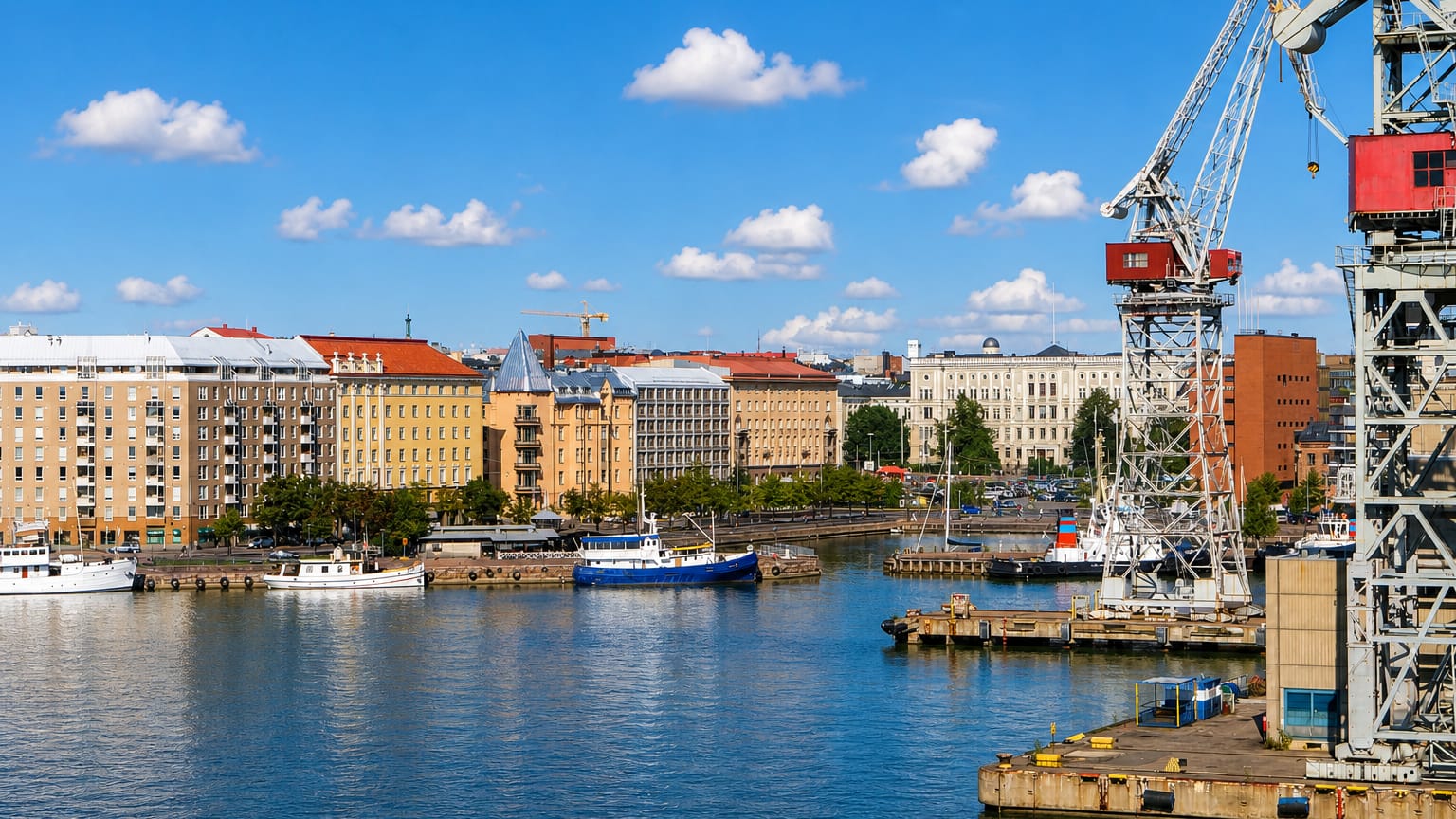 Hietalahti harbour in Helsinki with moored boats, a shipyard crane and quayside apartment blocks.