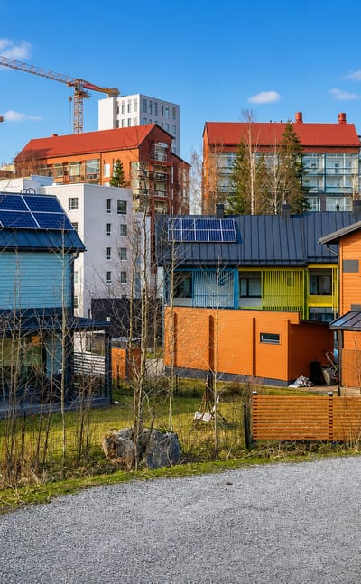 Wooden eco-houses with rooftop solar panels beside mid-rise apartment blocks in Kaarela, a residential district of Helsinki.