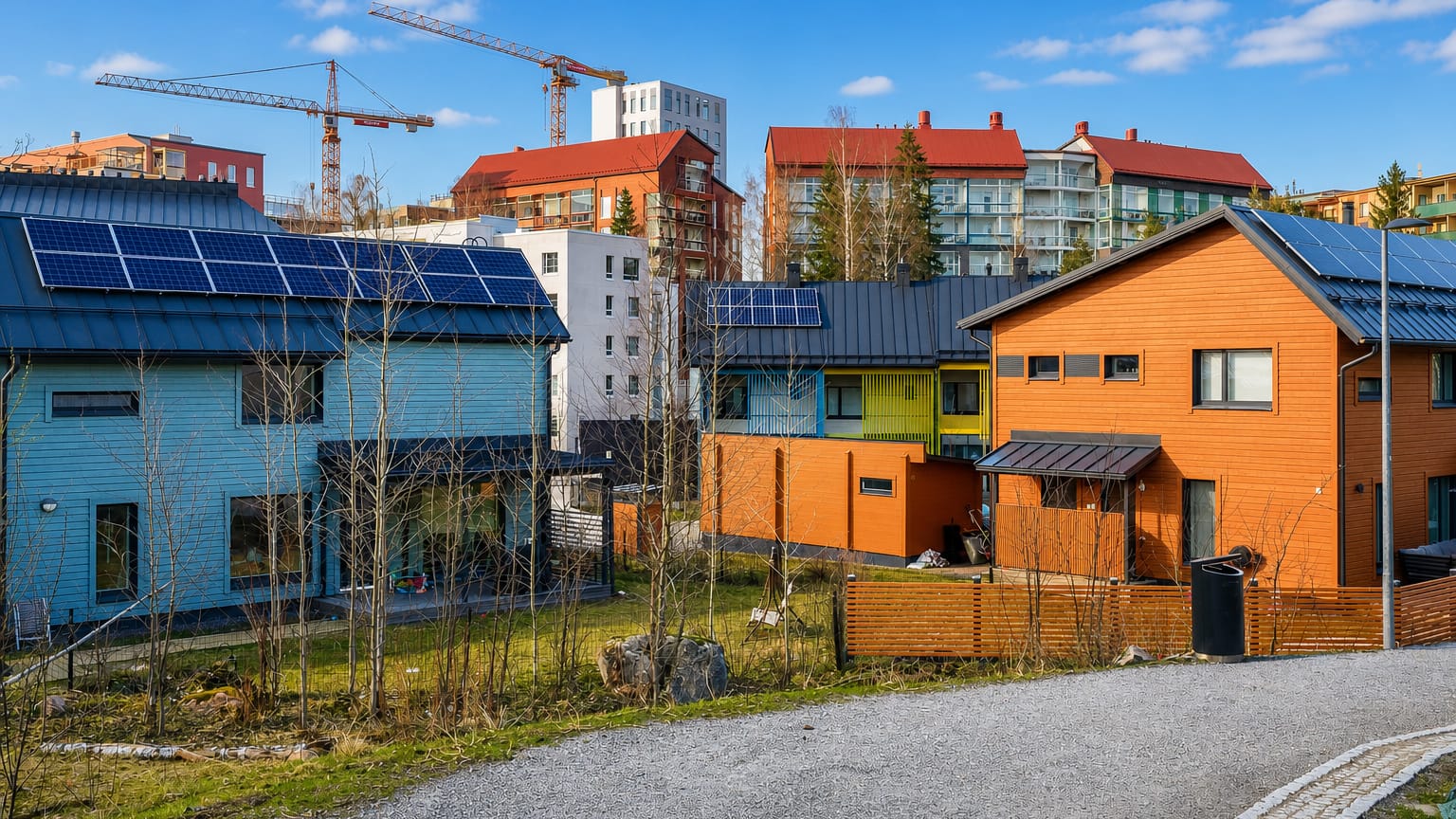Wooden eco-houses with rooftop solar panels beside mid-rise apartment blocks in Kaarela, a residential district of Helsinki.