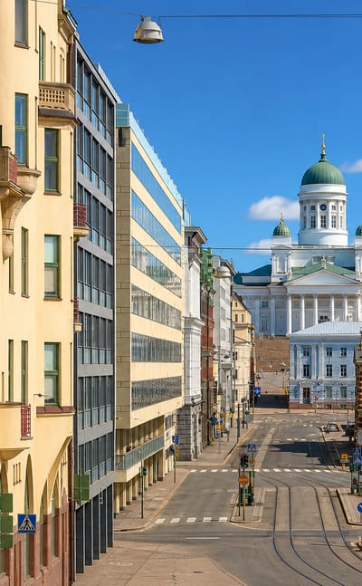 Street view toward Helsinki Cathedral and the red-brick Old Market Hall from Kaartinkaupunki, Helsinki.
