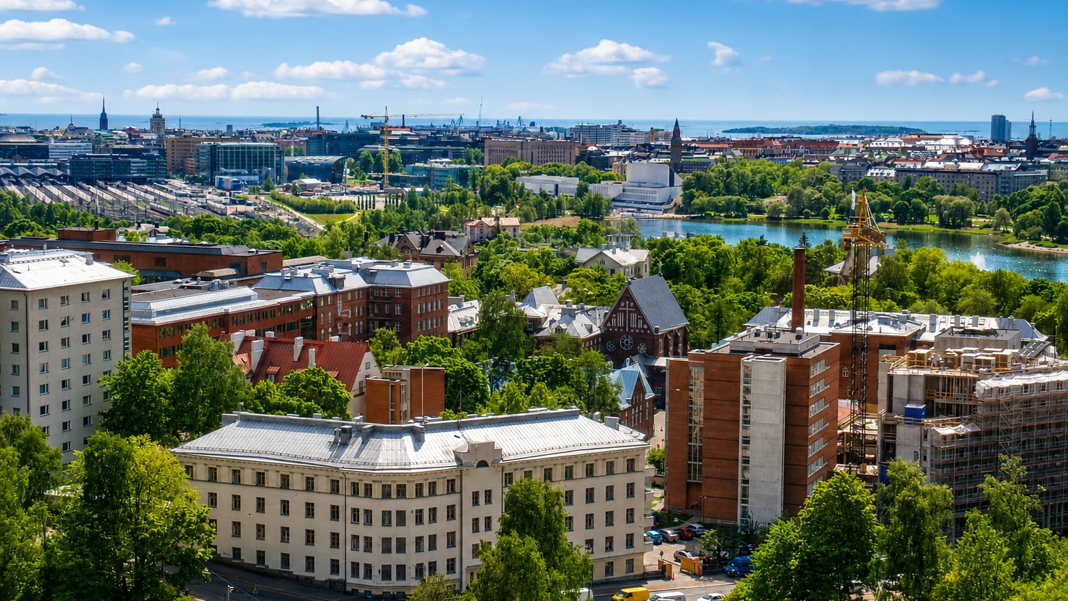 Elevated summer view over Kallio, Helsinki, with old apartment blocks, leafy streets, a bay and the distant city skyline.
