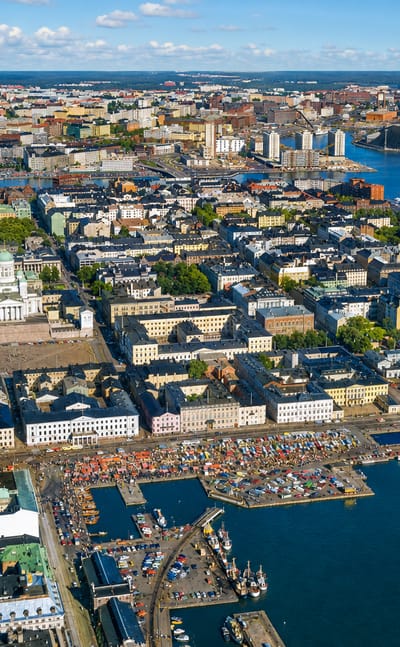 Aerial view over Kruununhaka, Helsinki, with Helsinki Cathedral, Uspenski Cathedral and the Market Square harbour